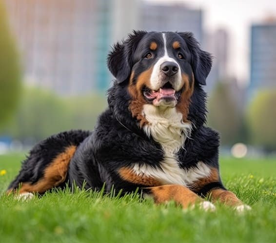 Bernese deitado sob a grama em um parque boquiaberto