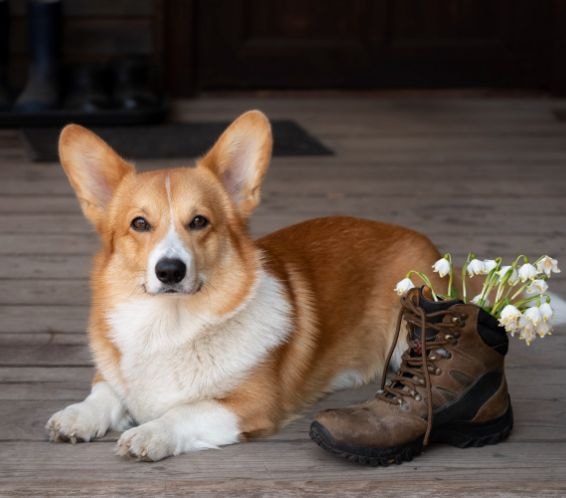 Welsh Corgi brincando na grama