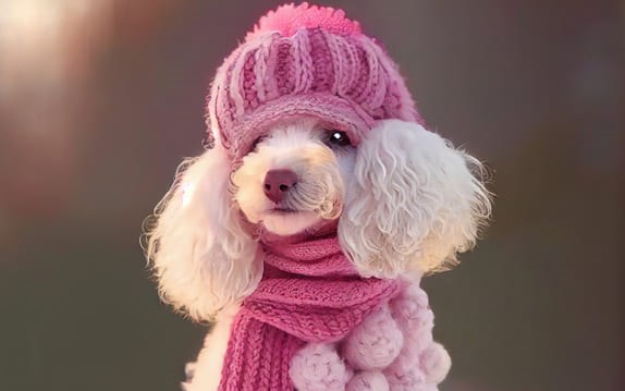 Poodle branco com cachecol e touca rosa no frio