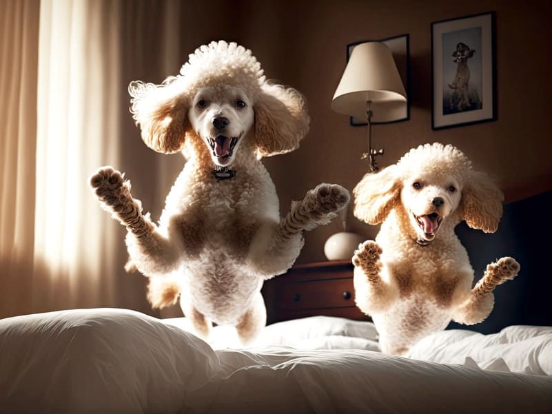 Casal de poodles brancos felizes pulando na cama