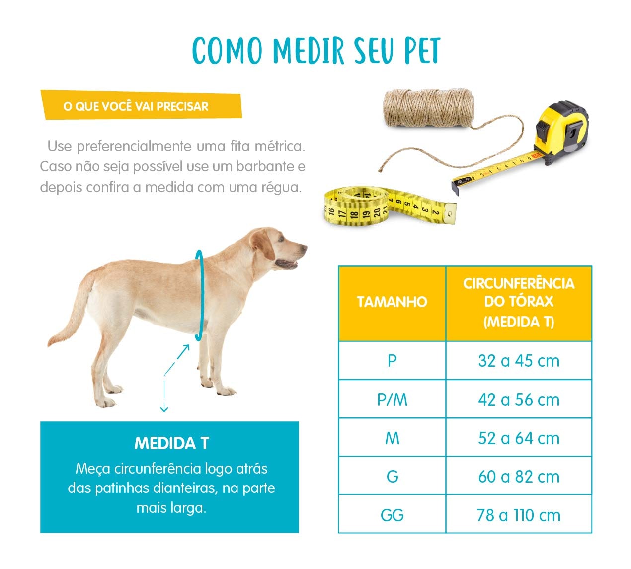 Tabela de medidas para pet